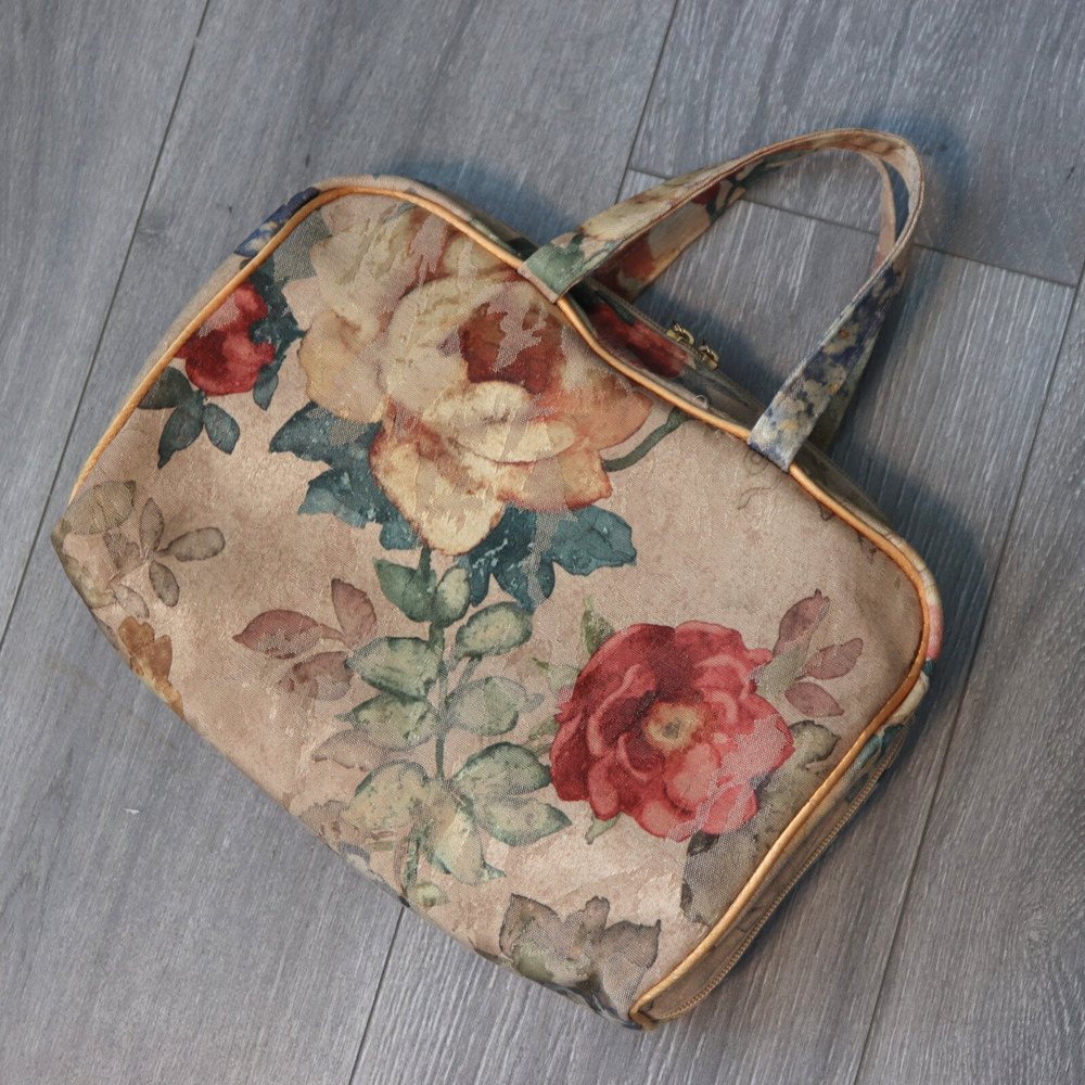Maggi B Cosmetic Bag Case Satchel Large Floral Canvas Nylon Lined Double Handle